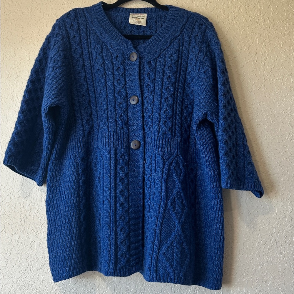 Irish Wool Cable Knit Blue Cardigan Sweater